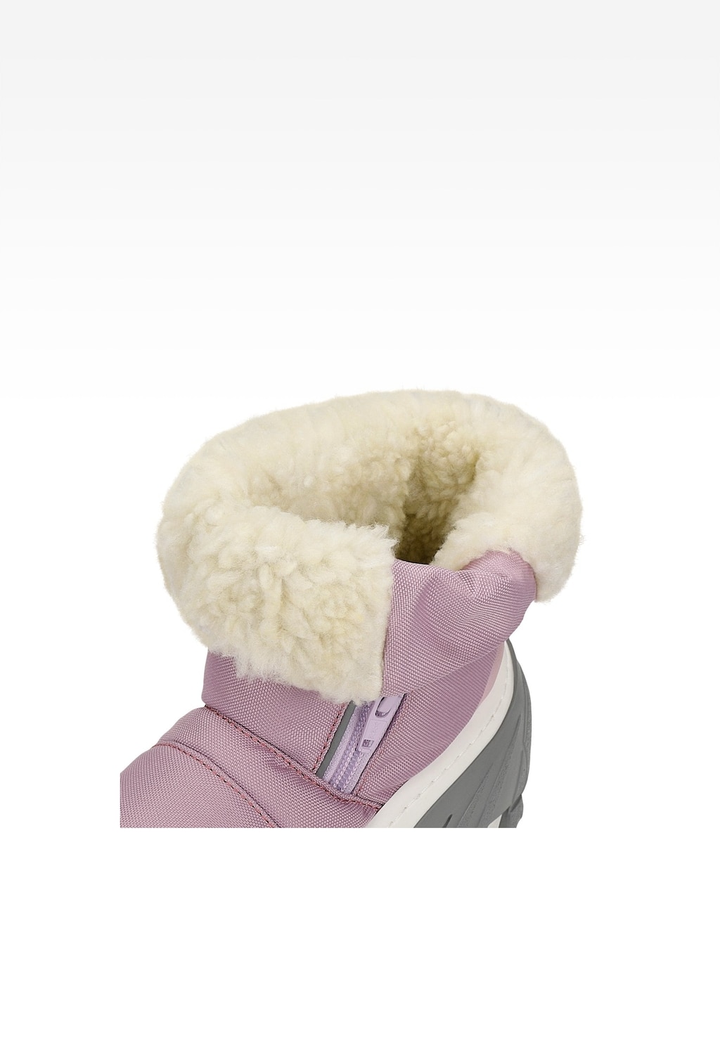 Fioletowy śniegowiec Bartek 11625002 dla dziewczynki z ciepłym, kremowym kołnierzem z owczej wełny, widoczny z boku, wyposażony w zapięcie na rzep.