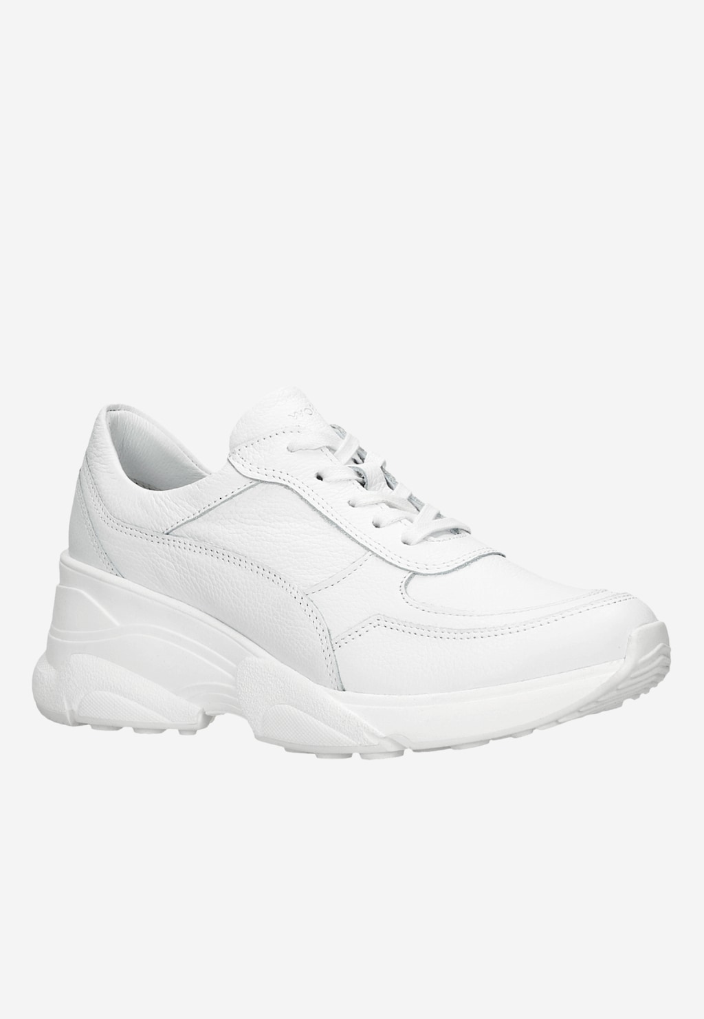 Białe skórzane sneakersy damskie Wojas 46106-59 z podwyższoną podeszwą, widok z boku. Sportowy model o masywnej, grubej podeszwie i klasycznym sznurowaniu.
