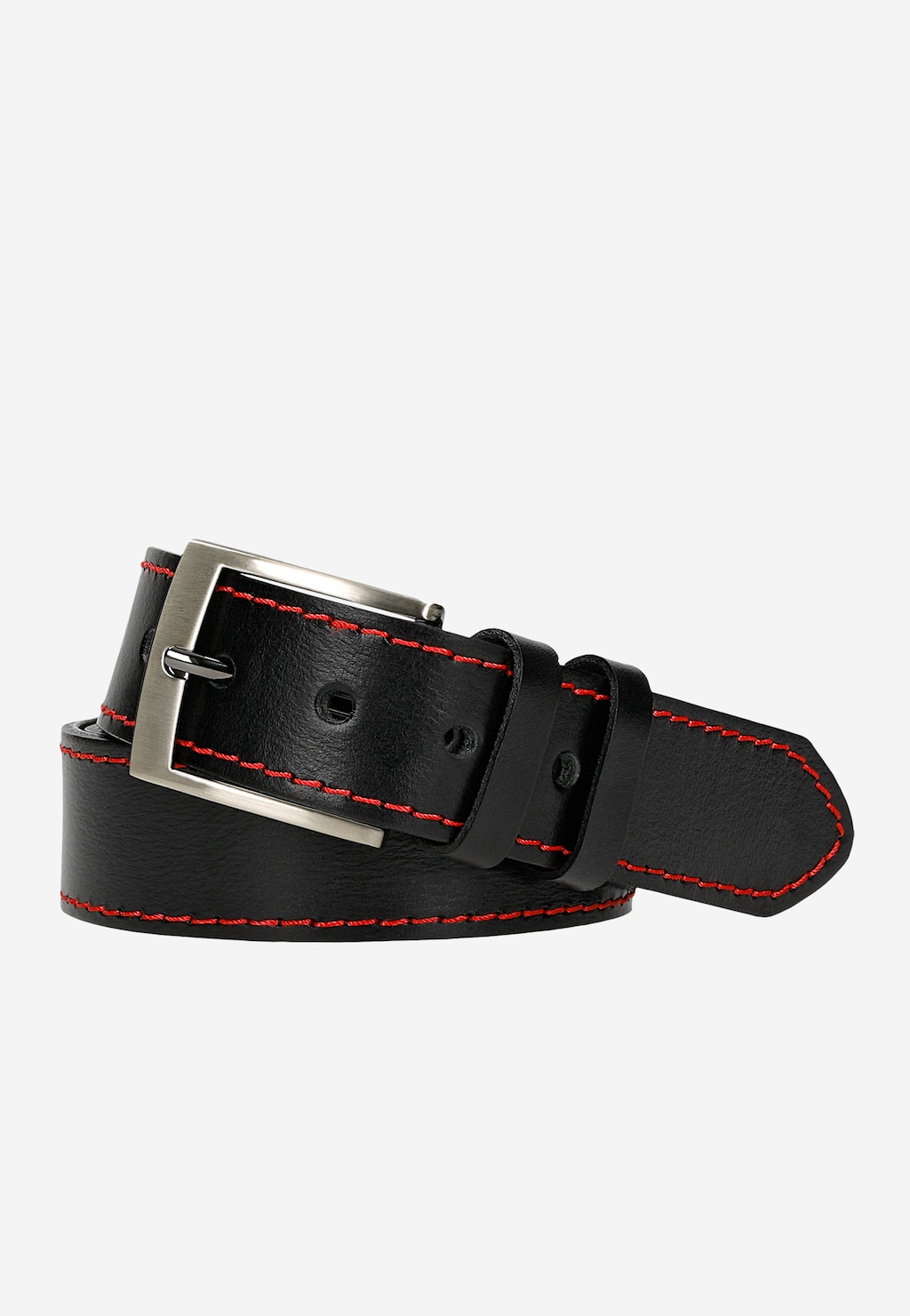 Czarny skórzany pasek męski Wojas 93121-51 z charakterystycznym czerwonym przeszyciem i metalową klamrą, eleganckie wykończenie dla stylizacji biznesowych i casualowych.