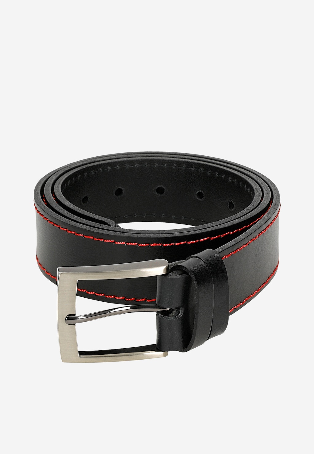 Czarny skórzany pasek męski Wojas 93121-51 z charakterystycznym czerwonym przeszyciem i metalową klamrą, zwinięty w okrąg, ukazujący dziurki do regulacji długości.