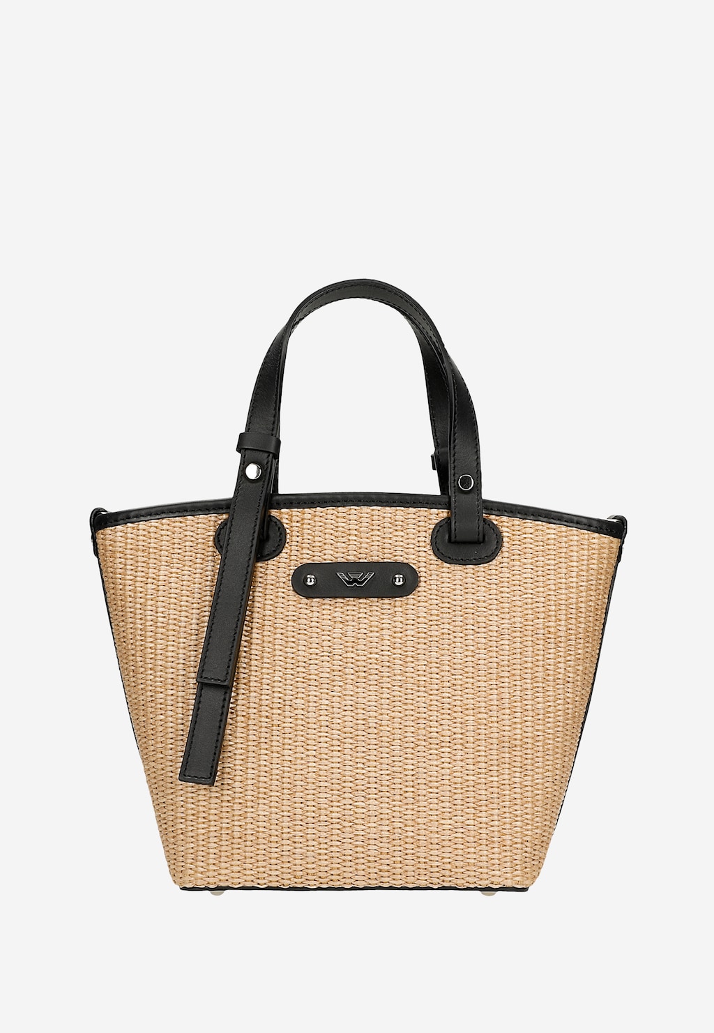 Beżowa torebka Wojas z raffii model 80339-81 z czarnymi skórzanymi uchwytami, paskiem naramiennym i wykończeniami, ozdobiona metalowym logo marki na froncie.