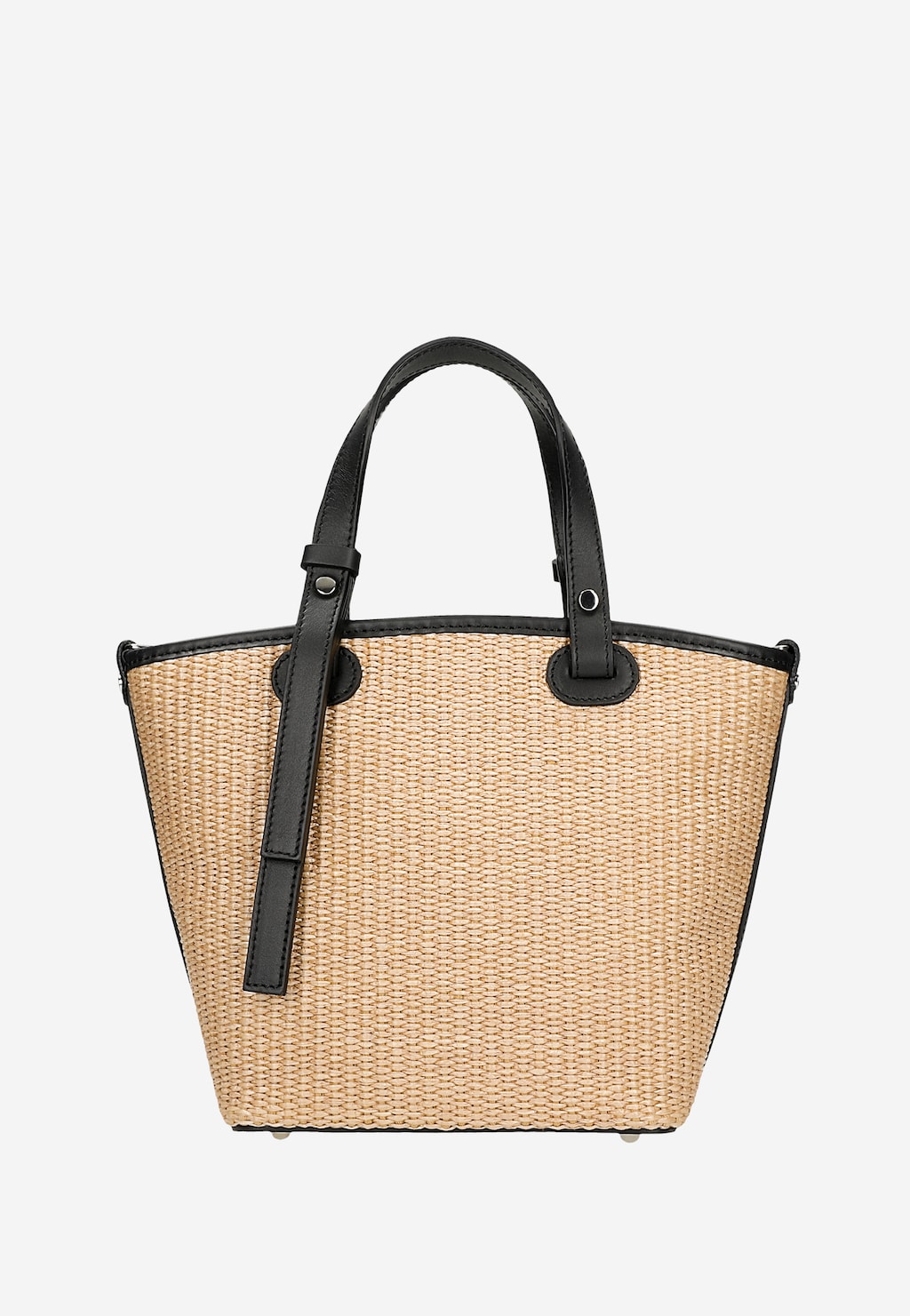 Beżowa torebka Wojas model 80339-81 z plecionej raffii z czarnymi skórzanymi uchwytami i wykończeniem, w stylu koszyka, z dopinanym paskiem na ramię.
