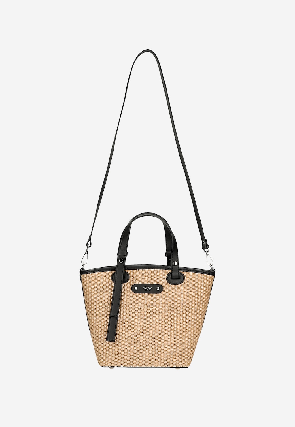 Beżowa torebka Wojas model 80339-81 wykonana z raffii z czarnymi skórzanymi uchwytami i regulowanym paskiem na ramię. Elegancki dodatek z logo marki na przodzie.