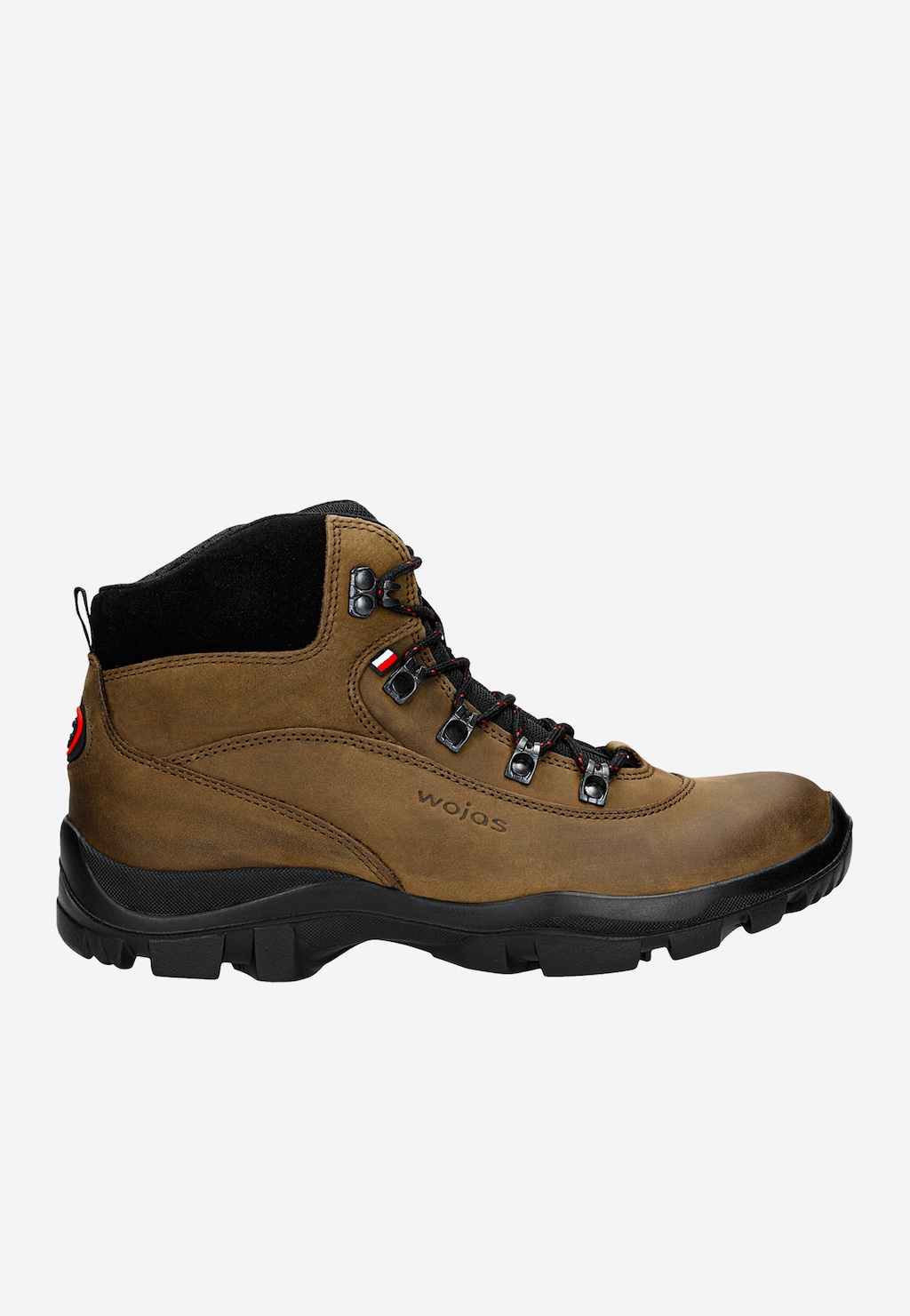 Brązowe męskie trzewiki trekkingowe Wojas 24027-92 z bocznego profilu. But wykonany z nubuku, z czarną podeszwą i kołnierzem, metalowymi oczkami na sznurowadła i charakterystycznym logo.