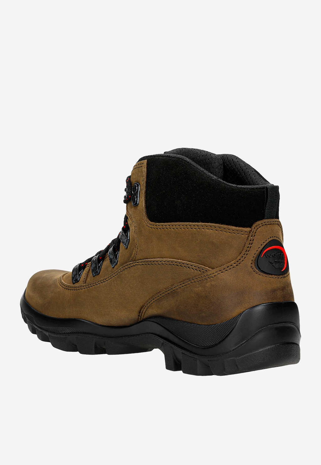 Brązowy męski trzewik trekkingowy Wojas 24027-92 z boku, wykonany z nubuku, z czarnym kołnierzem, metalowymi oczkami na sznurówki i charakterystycznym logo na pięcie.