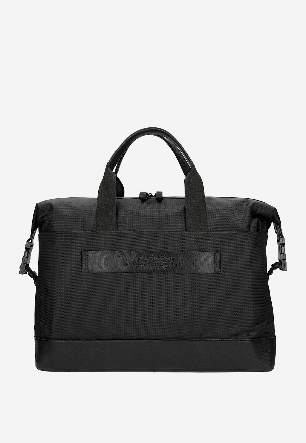 Elegancka czarna torba weekendowa RELAKS R80008-81 z przodu, wykonana z tkaniny i skóry licowej, z wytłoczonym logo marki i podwójnymi uchwytami.