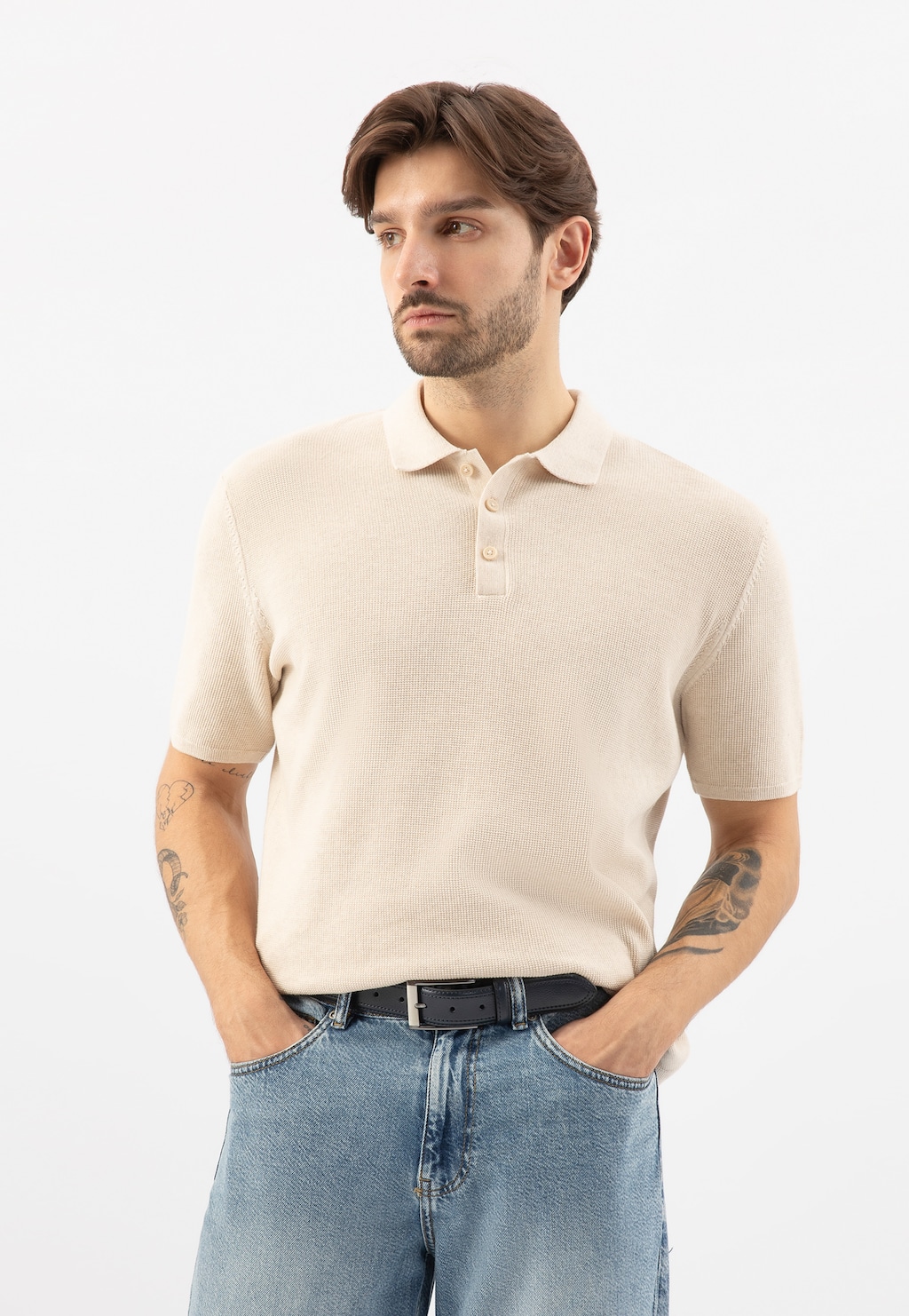 Tmavě modrý kožený pánský pásek s otevřenou sponou 93119-56 Widok 1