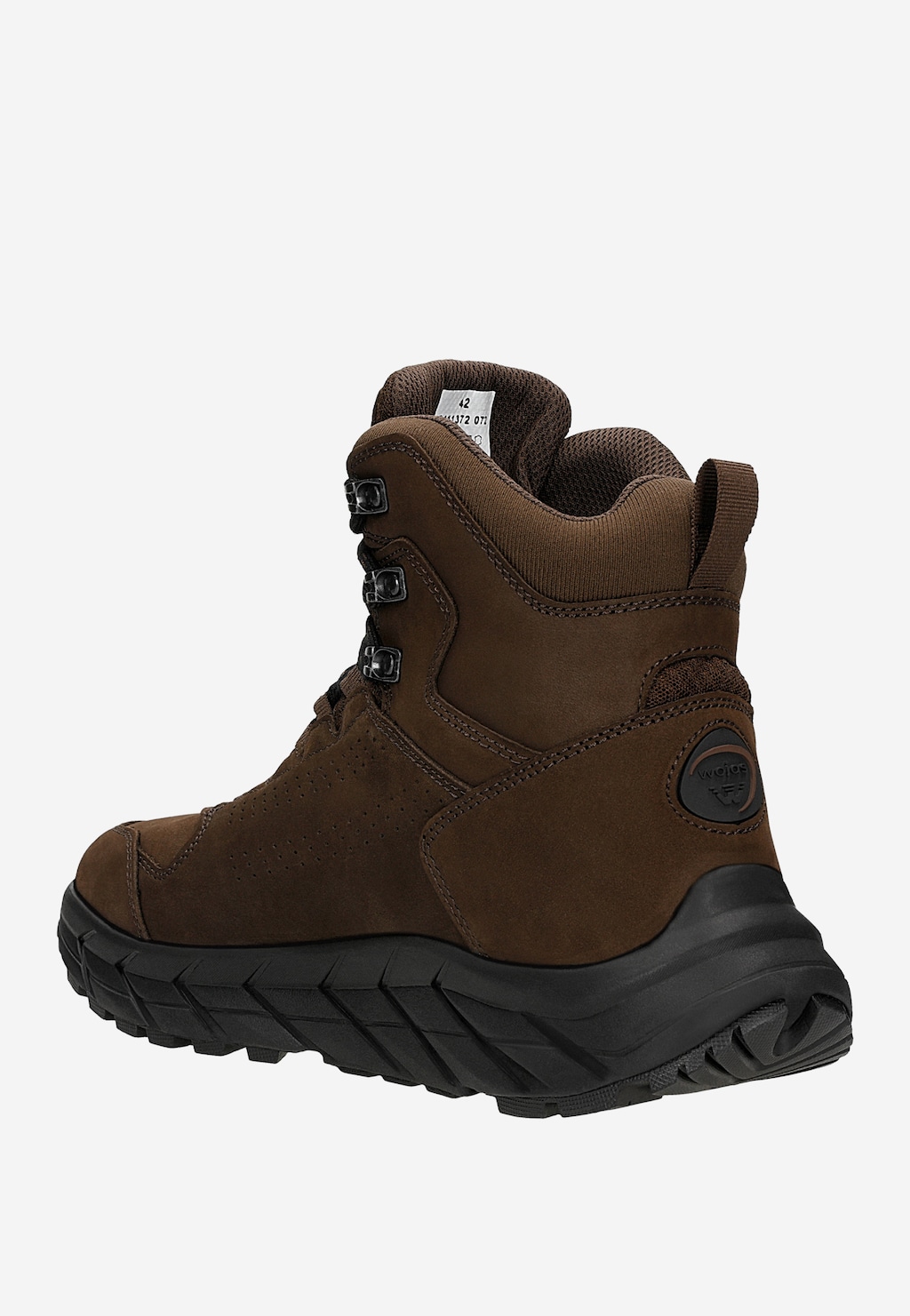Brązowe wodoodporne trekkingi męskie Wojas 24113-72 z nubuku, z wysoką cholewką, wzmocnioną podeszwą i metalowymi oczkami na sznurowadła, widok z boku.