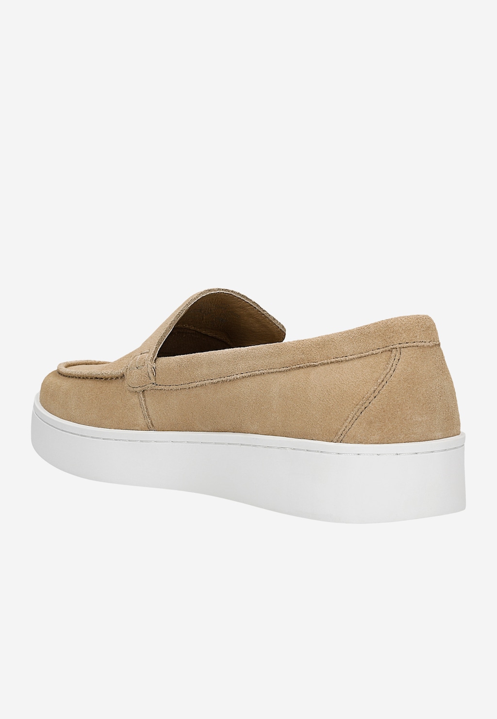 Beżowe mokasyny męskie Wojas model 10218-64 z zamszowej skóry, widok z boku, z charakterystyczną białą, płaską podeszwą i minimalistycznym wykończeniem.