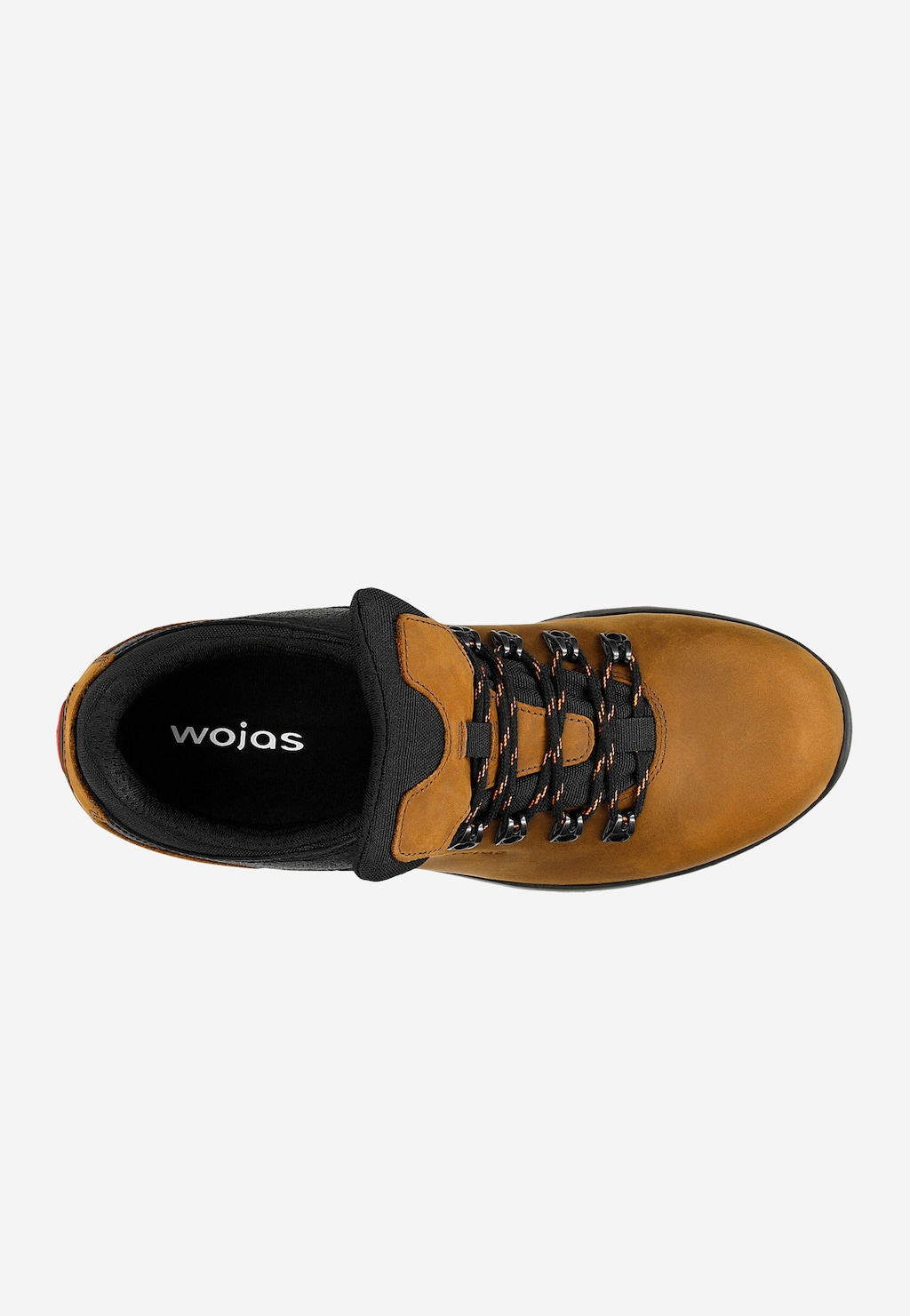 Brązowy but trekkingowy Wojas model 9377-83 widoczny z góry. Skórzana cholewka w kolorze brązowym z czarną wyściółką i sznurówkami, z logo Wojas wewnątrz buta.