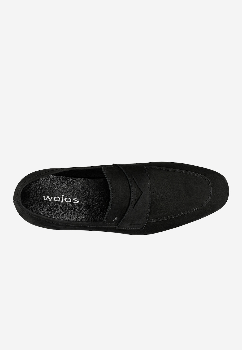 Elegancki czarny męski loafers Wojas model 10196-21 wykonany z nubuku, widok z góry. Widoczna wkładka z logo marki i klasyczny pasek na podbiciu buta.