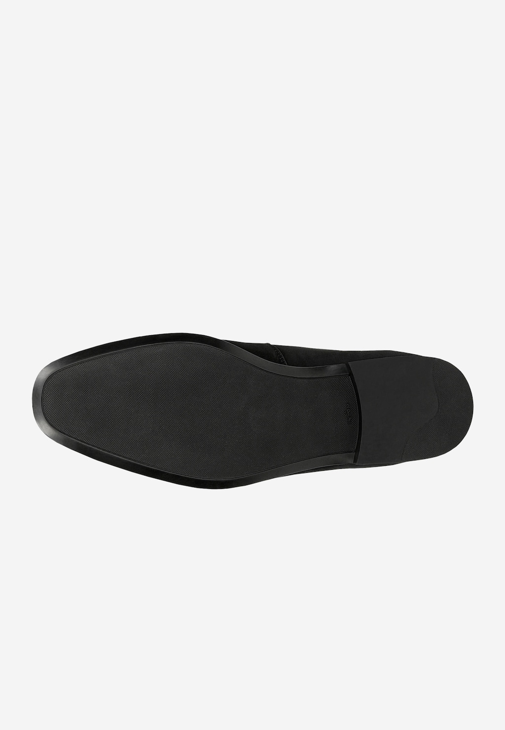 Podeszwa czarnych loafersów męskich Wojas model 10196-21 wykonanych z nubuku, widok od spodu ukazujący antypoślizgowy wzór i elegancki profil buta.