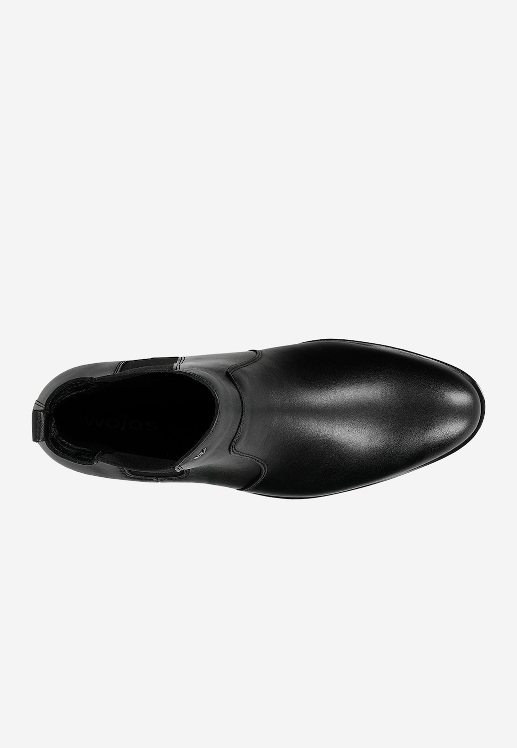 Czarne sztyblety męskie Wojas 20003-50 ze skóry licowej, widok z góry. Eleganckie buty z elastycznymi wstawkami po bokach i zaokrąglonym noskiem.