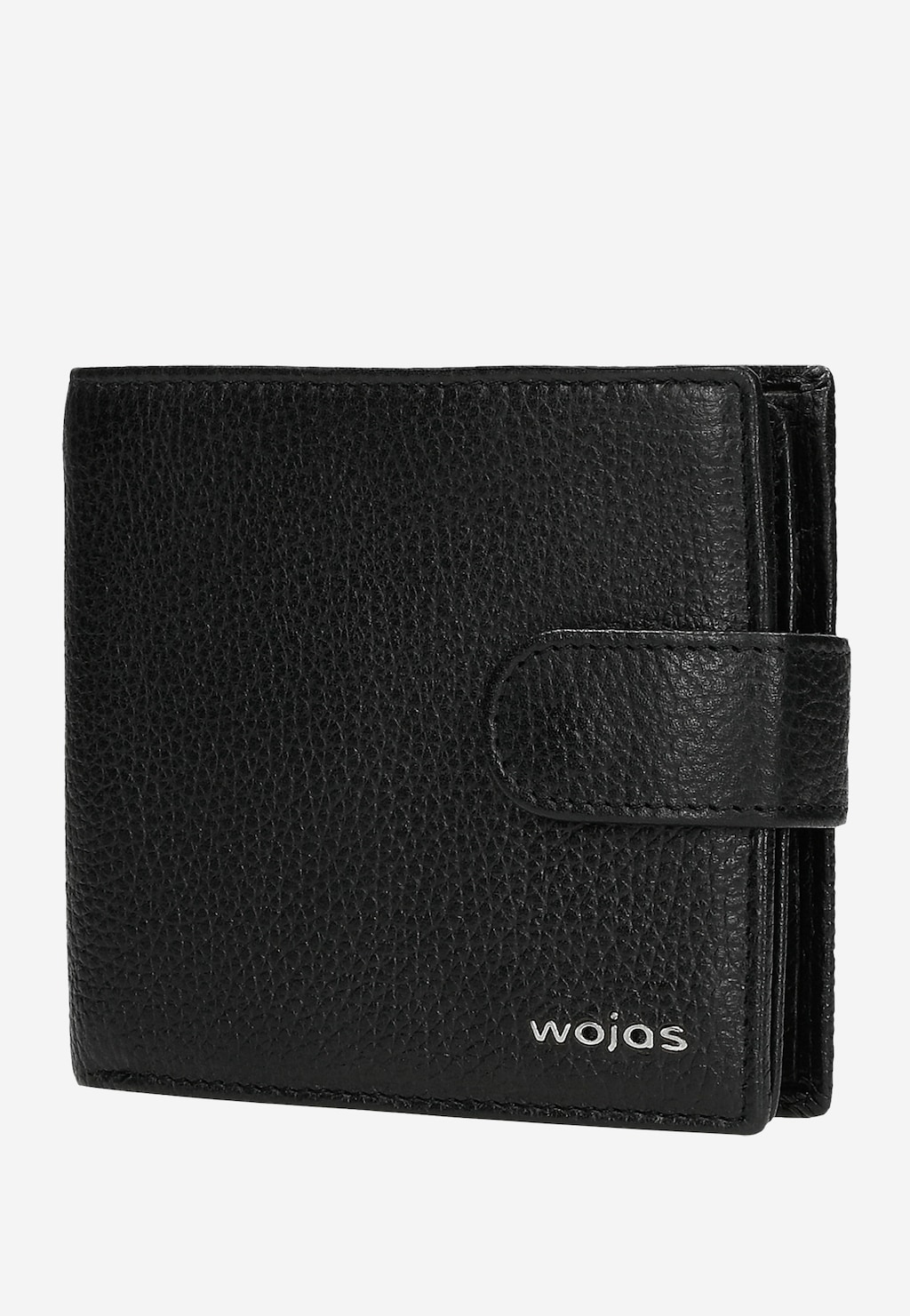 Elegancki czarny portfel męski Wojas 91005-51 wykonany z licowej skóry, z zapięciem na zatrzask i charakterystycznym logo marki na froncie.