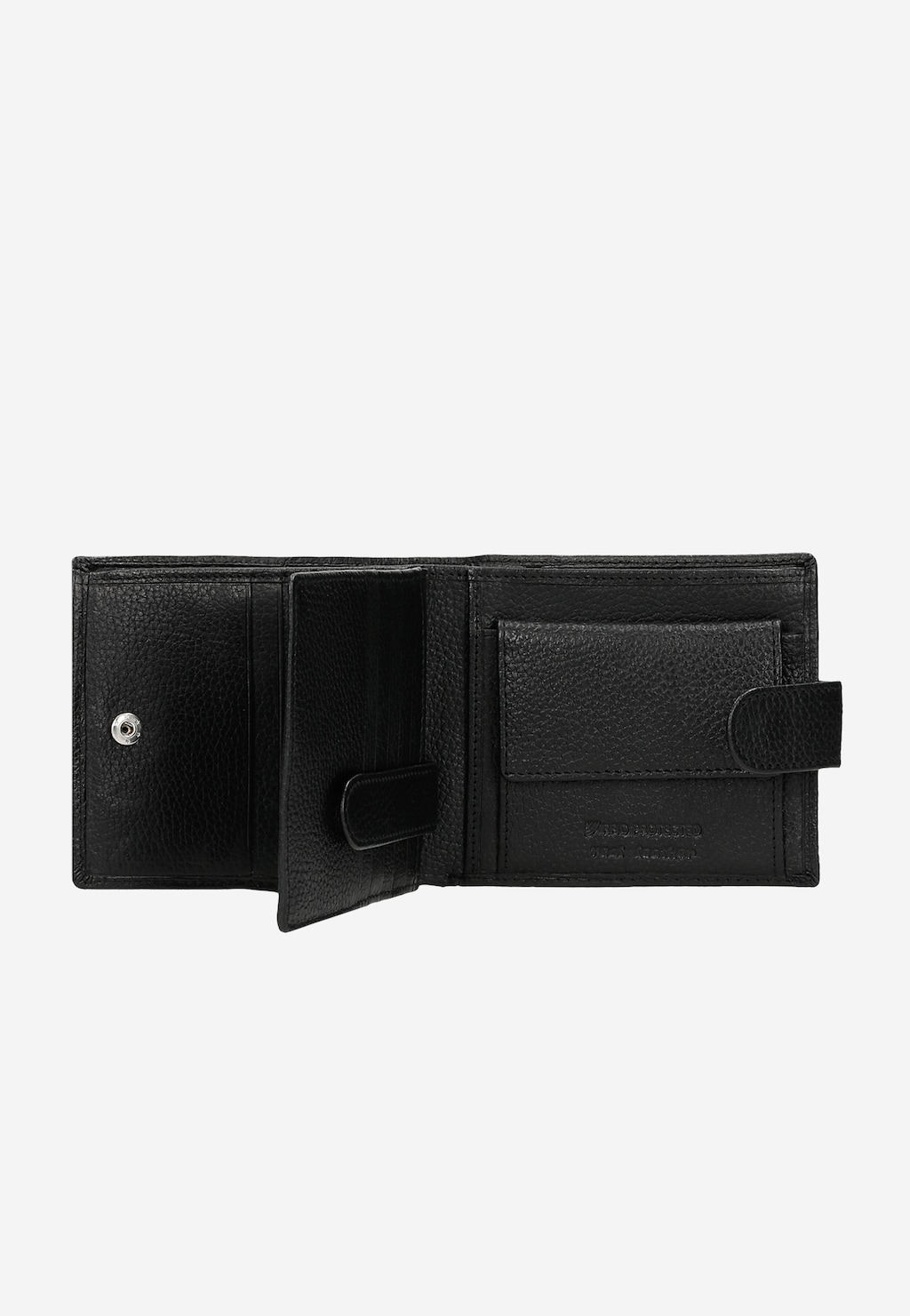 Elegancki czarny portfel męski Wojas 91005-51 wykonany z licowej skóry, otwarty ukazujący przegrody na karty, zapięcie na zatrzask i wygodny pasek z zatrzaskiem.