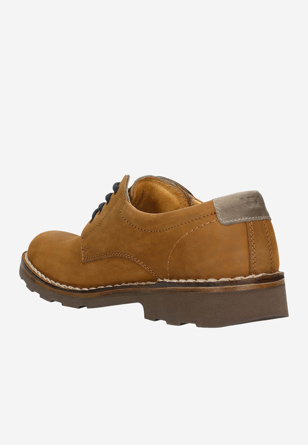 Jasnobrązowe męskie półbuty Wojas model 5084-73 z widocznym szarym detalem na pięcie, charakterystycznym przeszyciem i grubą podeszwą, ujęte z boku.