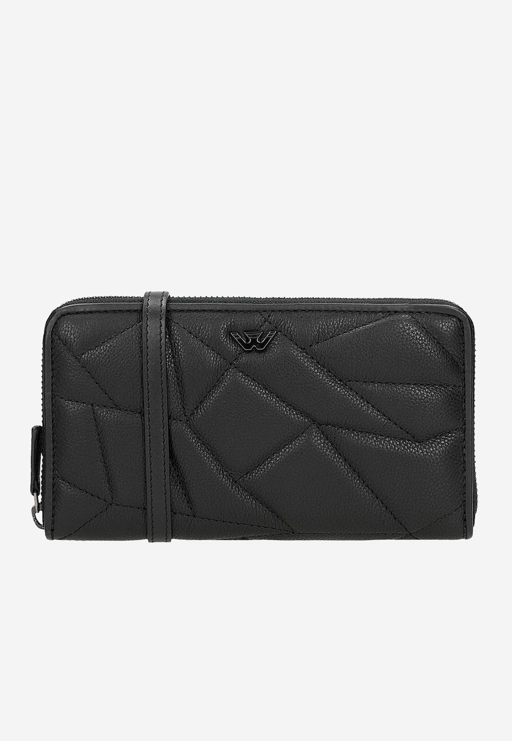 Czarny skórzany portfel Wojas z geometrycznym pikowaniem, zapięciem na zamek i dodatkowym paskiem. Model 91094-51 z charakterystycznym logo marki na froncie.