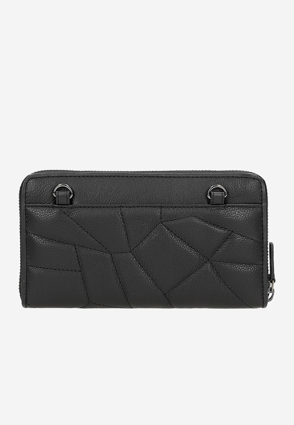 Czarny skórzany portfel Wojas z geometrycznym pikowaniem, zapięciem na zamek i metalowymi uchwytami do paska, model 91094-51.