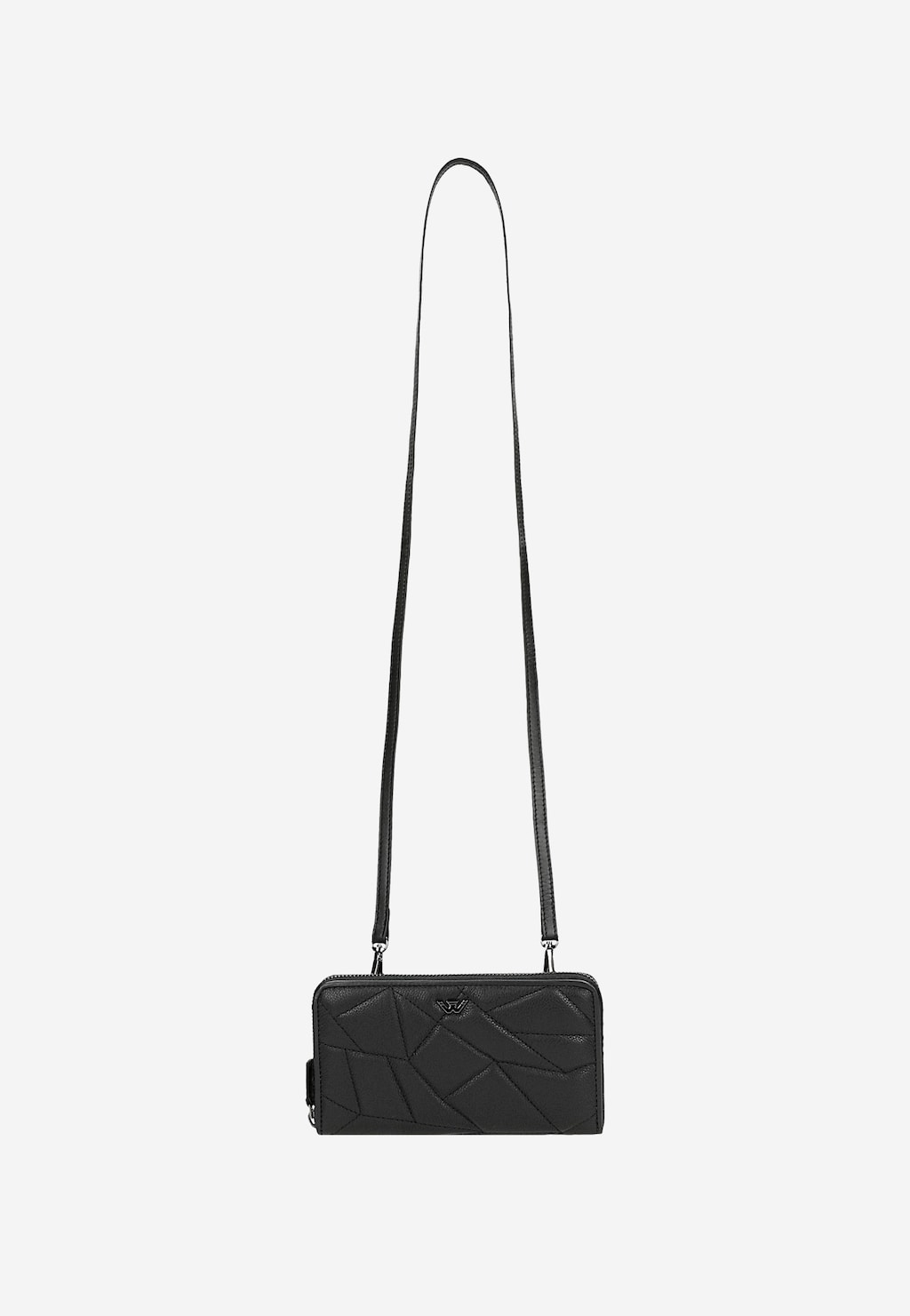 Czarny skórzany portfel Wojas model 91094-51 z geometrycznym pikowaniem, widoczny z przodu, zawieszony na długim pasku do noszenia przez ramię.