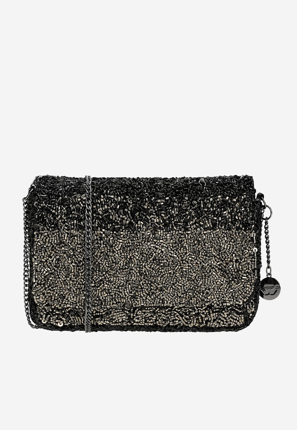 Czarna wizytowa torebka Wojas model 80432-81 z efektowną aplikacją z czarno-srebrnych koralików, łańcuszkiem do noszenia przez ramię i metalowym emblematem marki.