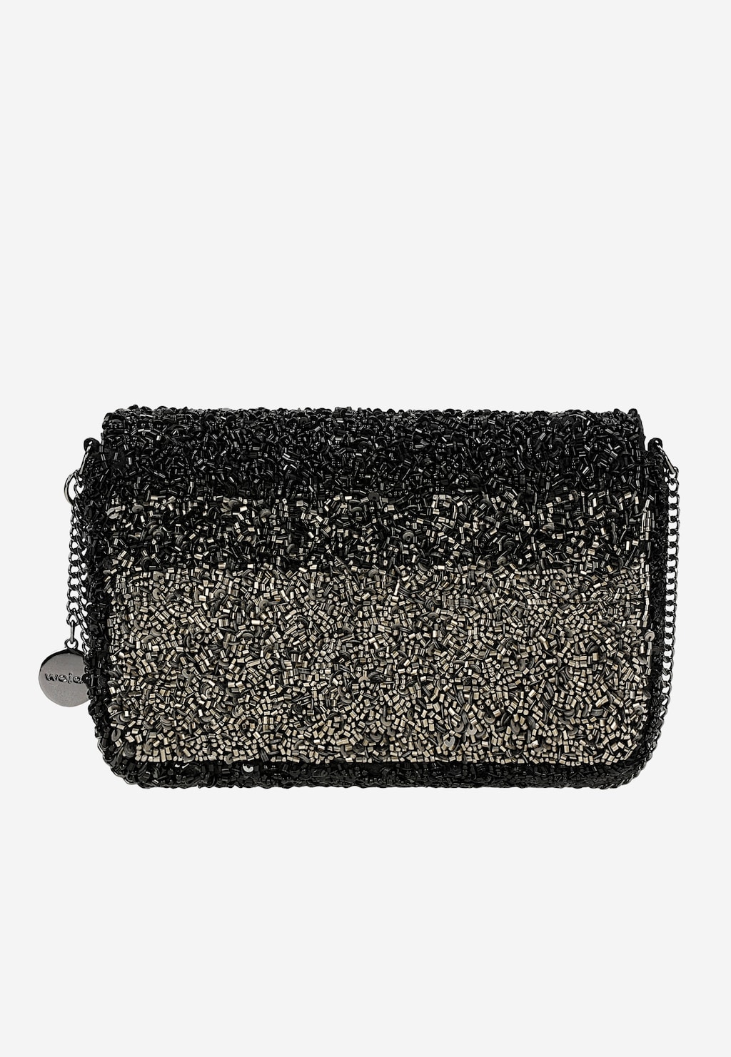 Elegancka czarna torebka wizytowa Wojas model 80432-81 z efektowną aplikacją z czarnych i srebrnych koralików oraz łańcuszkiem i metalowym logo marki.