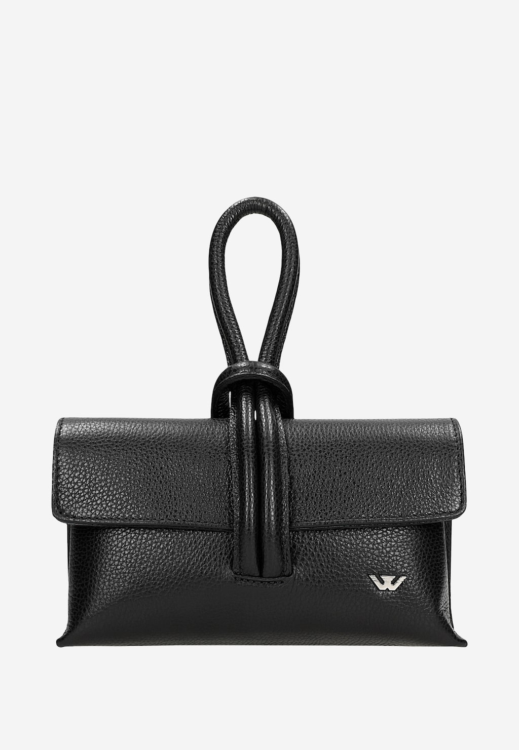 Elegancka czarna torebka wizytowa Wojas model 80430-51 ze skóry naturalnej z charakterystycznym uchwytem w kształcie pętli i logo marki na froncie.