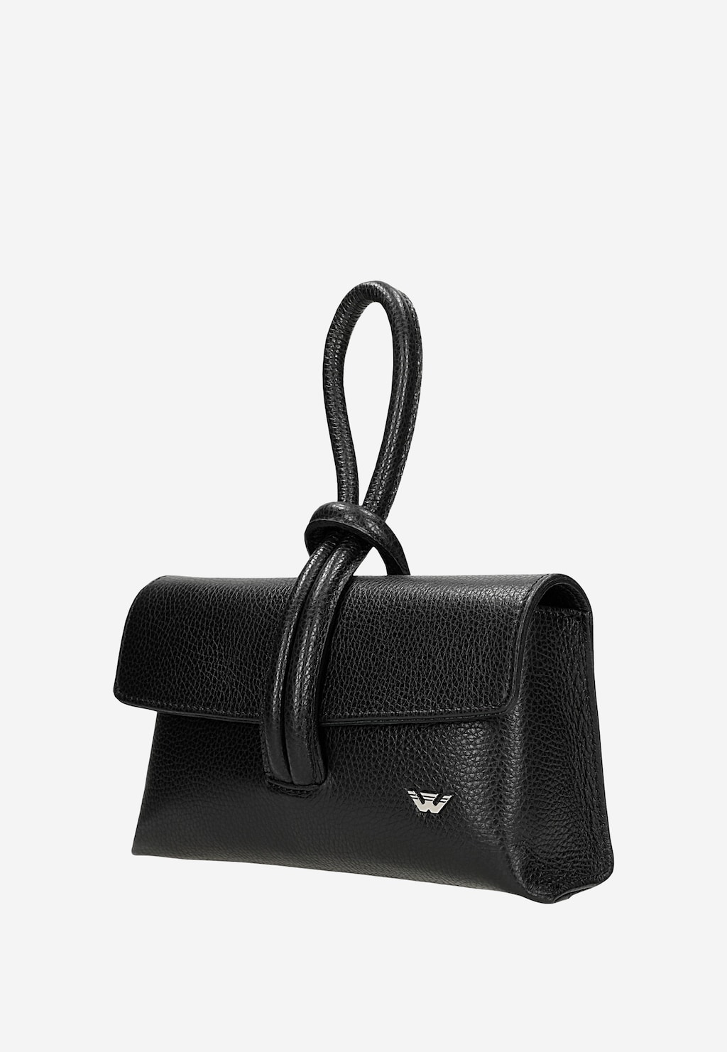 Elegancka czarna torebka wizytowa Wojas 80430-51 ze skóry naturalnej z charakterystycznym uchwytem w formie pętli i logo marki na froncie.