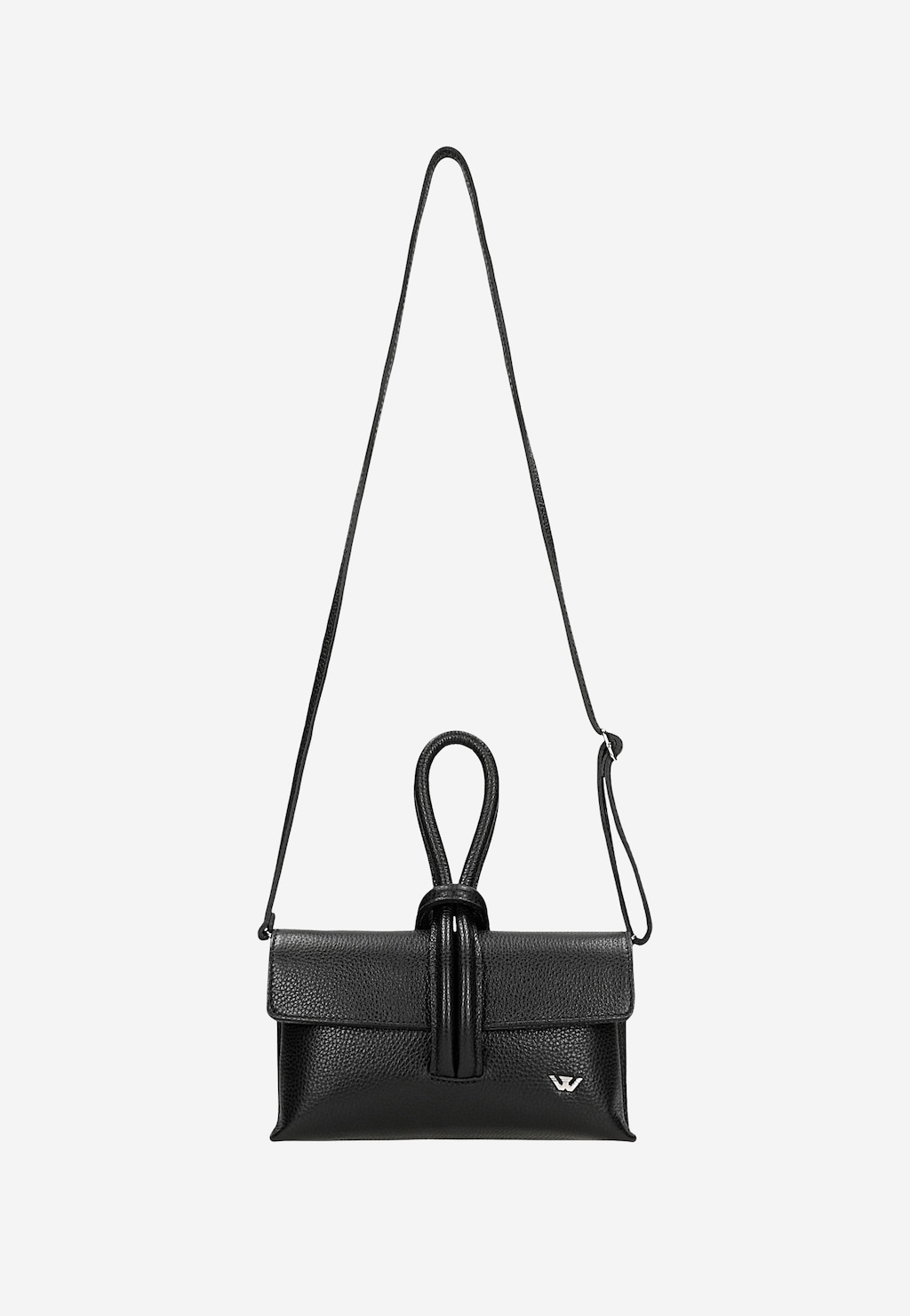 Czarna wizytowa torebka damska Wojas model 80430-51 ze skóry z charakterystycznym zapięciem w formie pętli, z długim paskiem na ramię i logo marki.