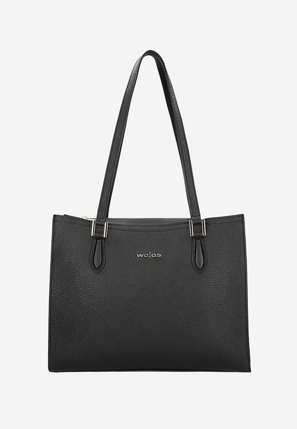 Elegancki czarny skórzany kuferek Wojas model 80410-51 z podwójnymi uchwytami, złotymi okuciami i wyraźnym logo marki na froncie, sfotografowany z przodu.