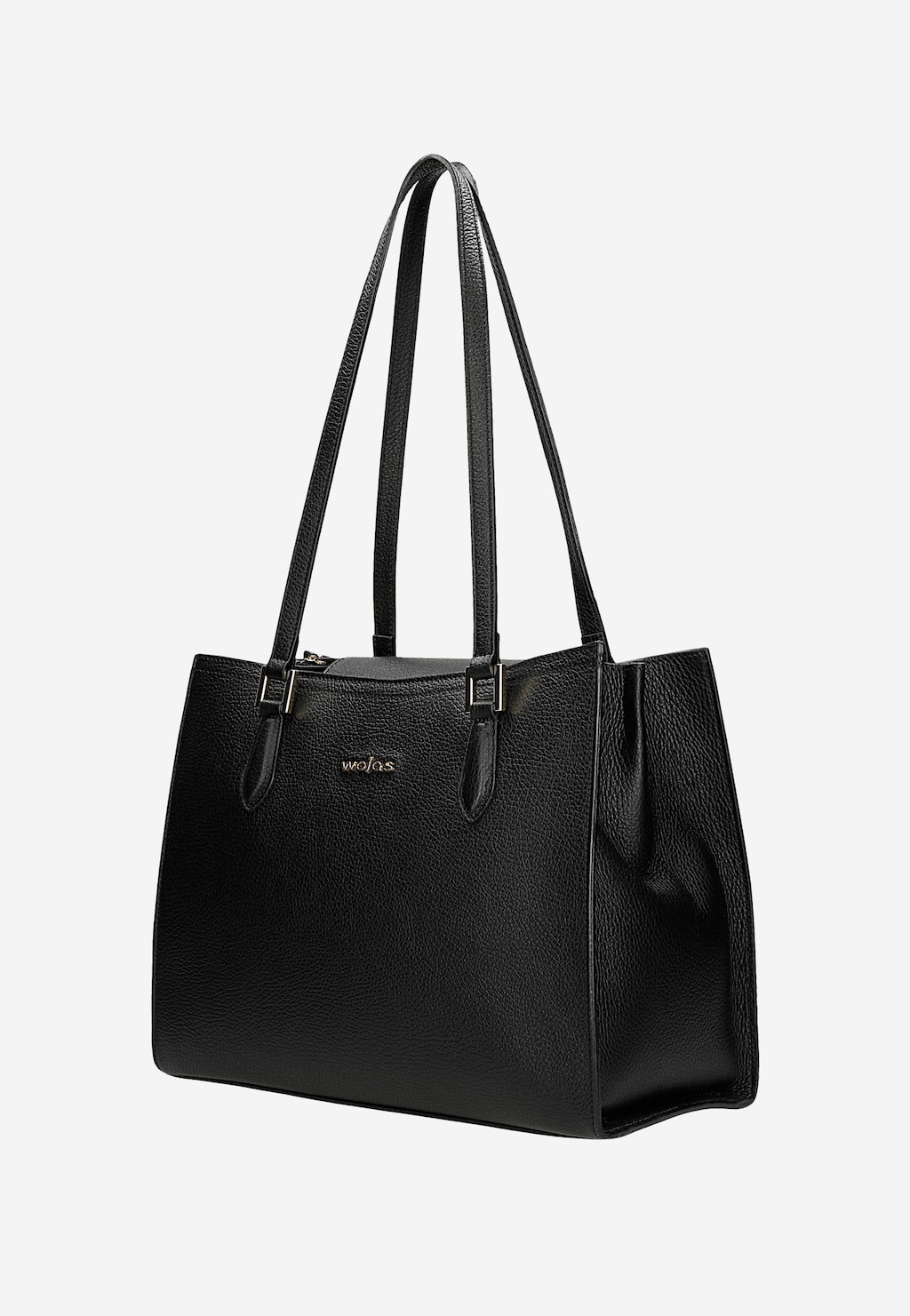 Elegancki czarny skórzany kuferek Wojas model 80410-51 z długimi uchwytami i złotymi okuciami, widoczne logo marki na froncie torebki.