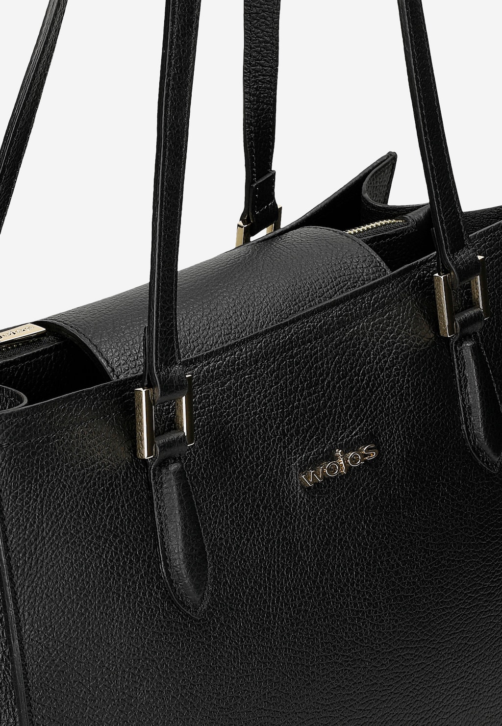 Czarny skórzany kuferek Wojas model 80410-51 z elegancką fakturą, złotym logo i ozdobnymi metalowymi elementami przy uchwytach. Zbliżenie na detale torebki.