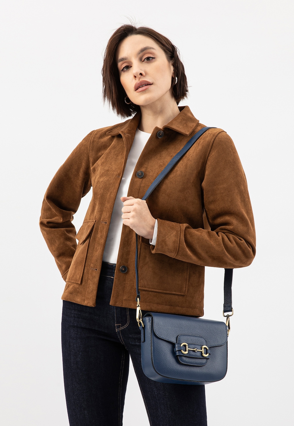 Tmavomodrá dámska kožená kabelka so zlatými detailmi 80350-56 Widok 8