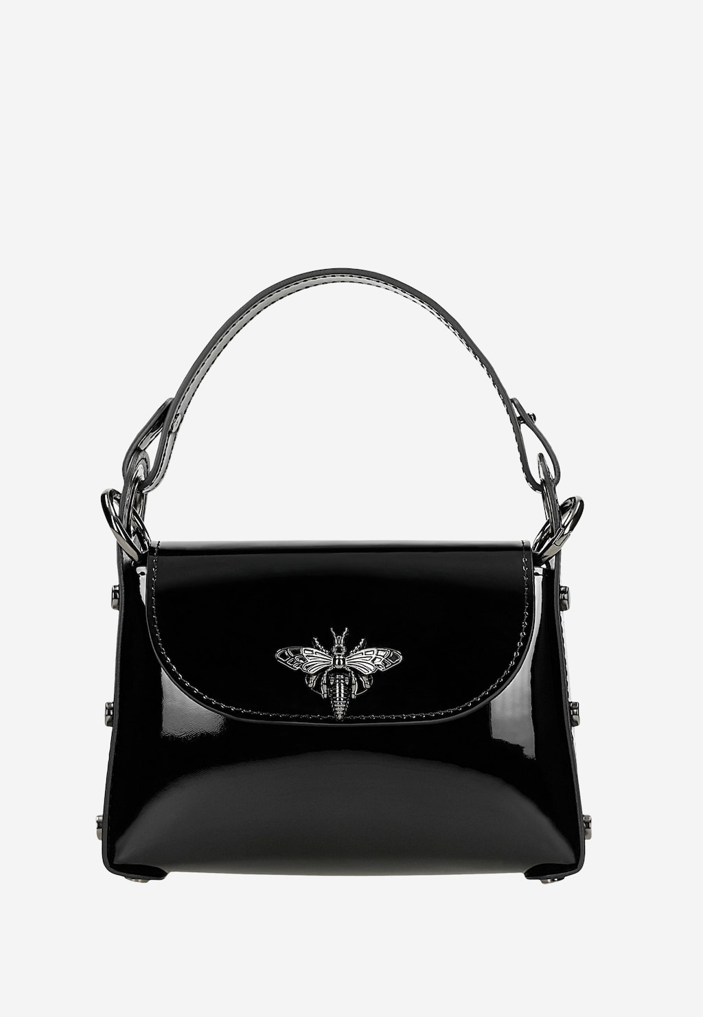 Czarna lakierowana torebka wizytowa Wojas model 80318-31 z eleganckim metalowym motywem owada na klapie, wyposażona w regulowany uchwyt.