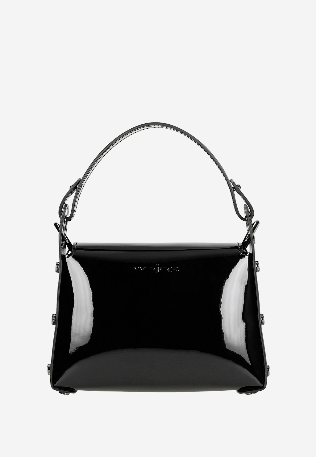 Czarna lakierowana torebka wizytowa Wojas model 80318-31 z dekoracją w kształcie owada, z eleganckim uchwytem i połyskującą powierzchnią, widok z przodu.