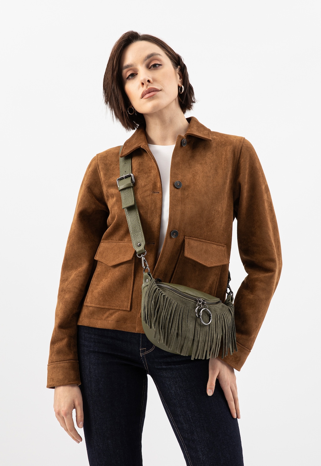 Zelená dámska kožená ľadvinka so strapcami  80089-77 Widok 1