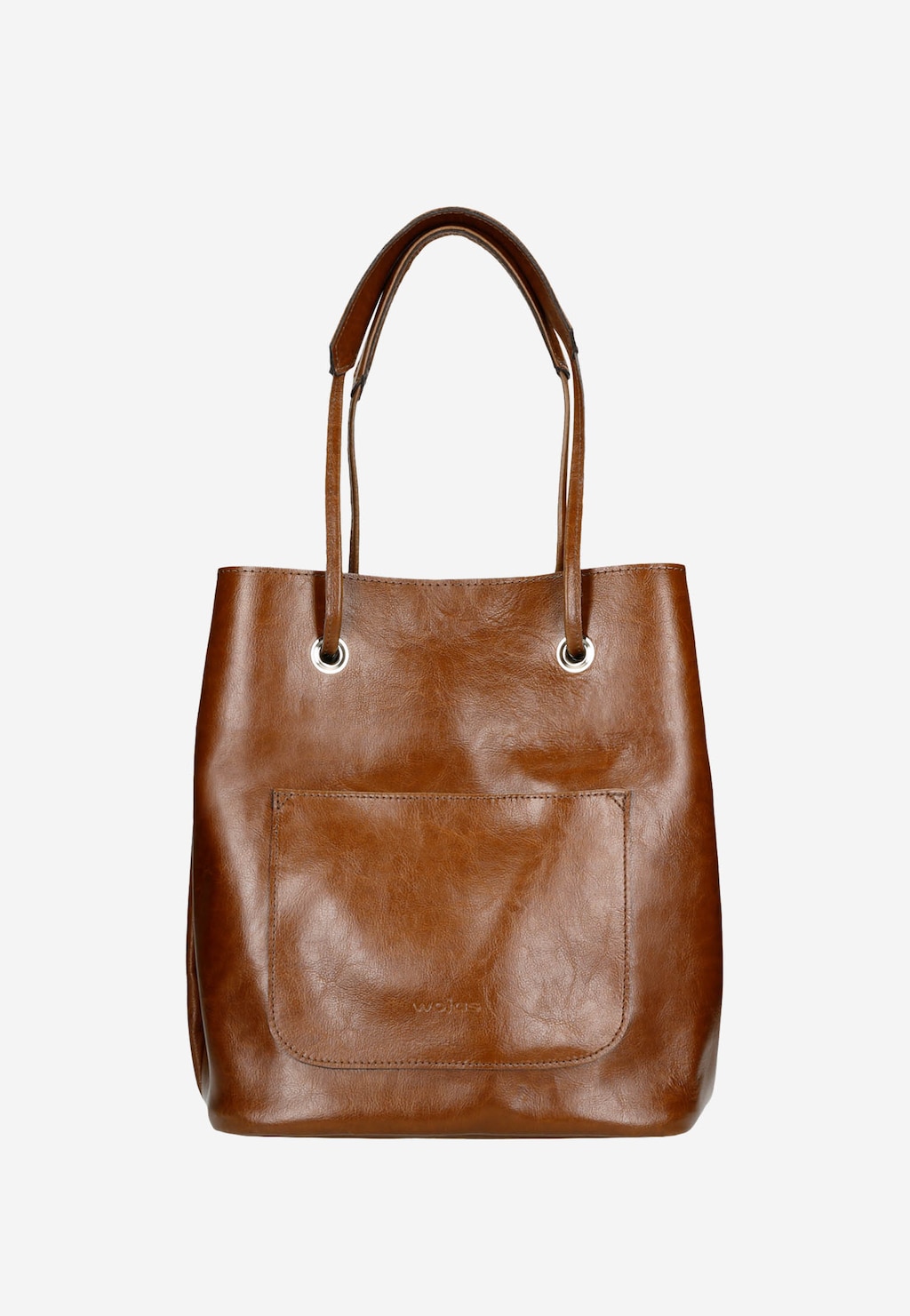Brązowa duża torebka damska Wojas model 80019-52 z przednią kieszenią, wykonana ze skóry, z długimi uchwytami i metalowymi oczkami.