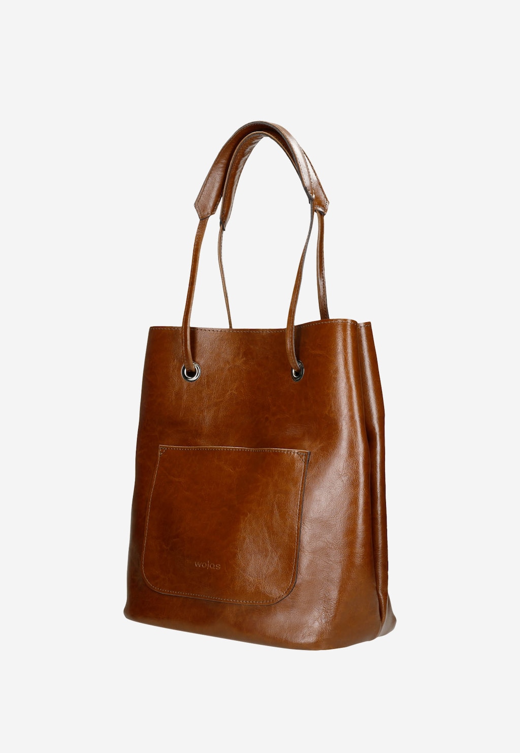 Brązowa duża torebka damska Wojas model 80019-52 z elegancką zewnętrzną kieszenią, długimi uchwytami i metalowymi oczkami, wykonana z wysokiej jakości skóry.