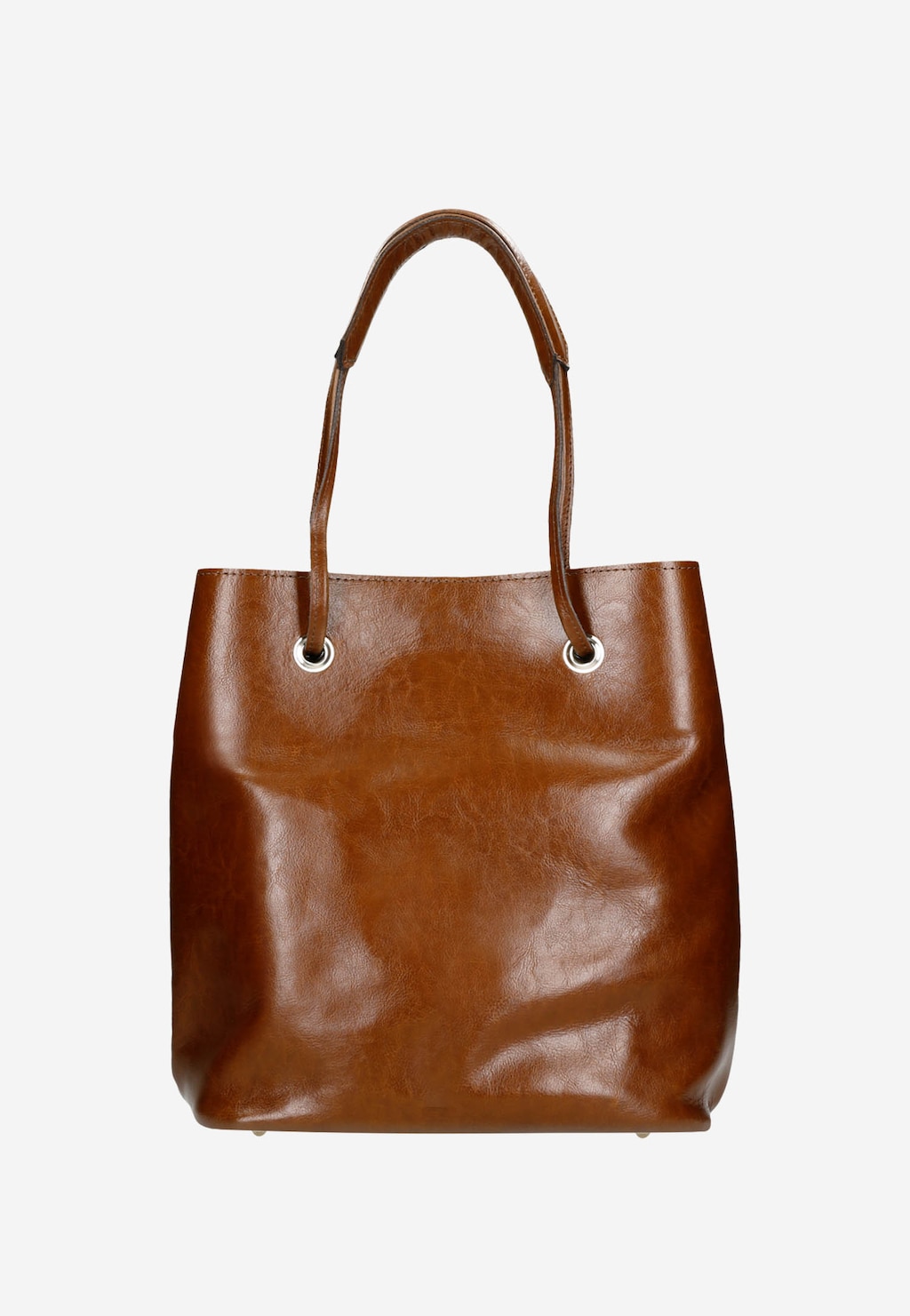 Elegancka brązowa torebka damska Wojas model 80019-52 z długimi uchwytami i metalowymi oczkami. Przestronna, wykonana z błyszczącej skóry, idealna na co dzień.