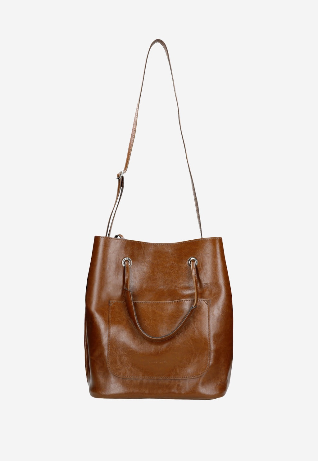 Brązowa duża torebka damska Wojas model 80019-52 z praktyczną zewnętrzną kieszenią i regulowanym paskiem na ramię, wykonana z eleganckiej skóry.