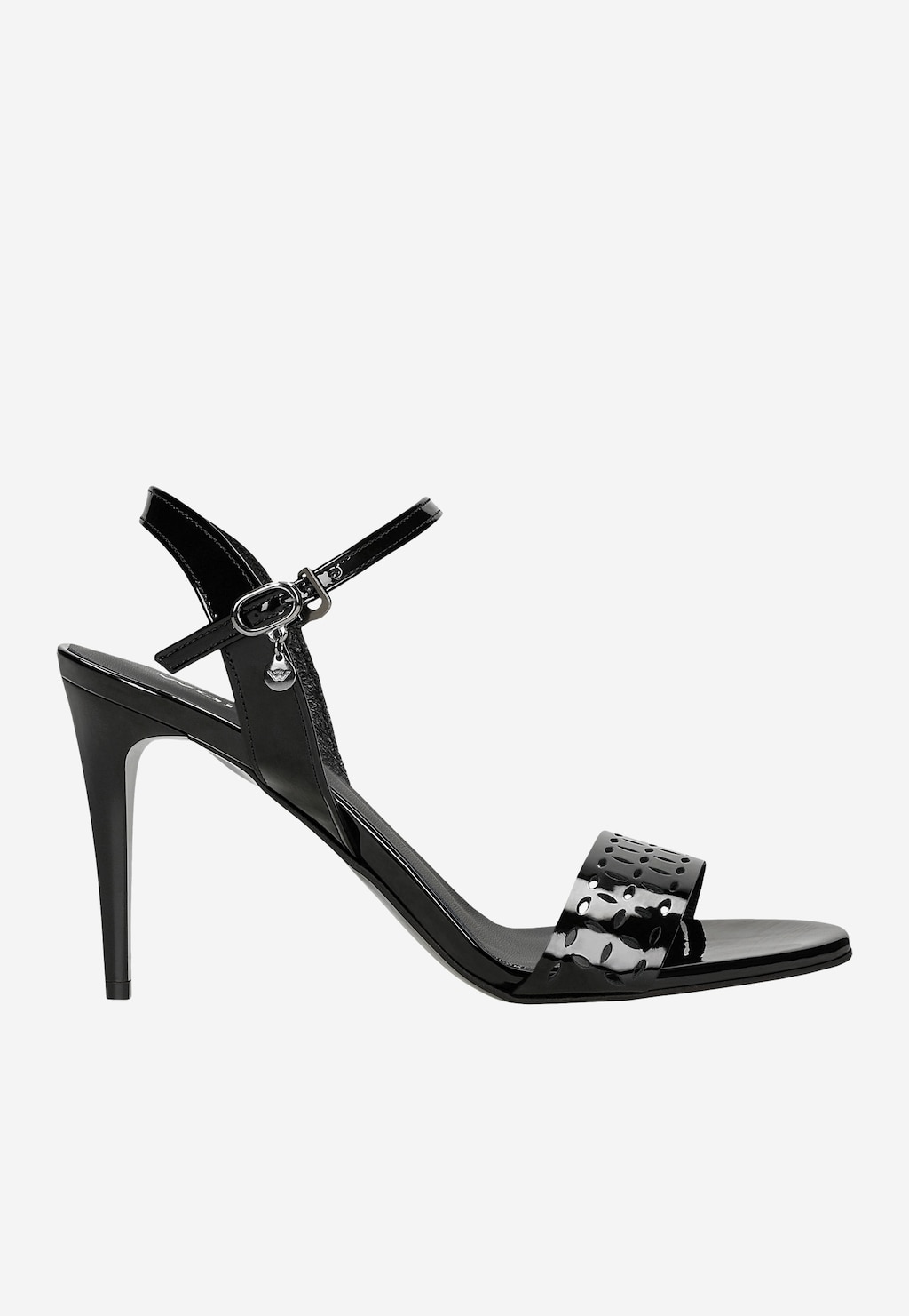 Černé lakované sandály na jehlovém podpatku s prolamovaným páskem 76193-31 Widok 2