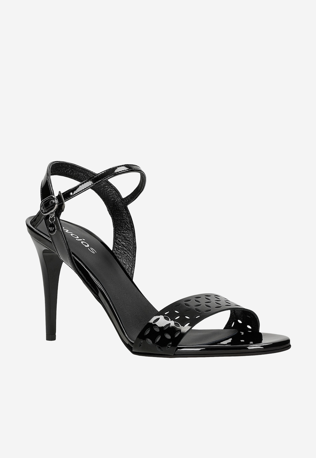 Černé lakované sandály na jehlovém podpatku s prolamovaným páskem 76193-31 Widok 3