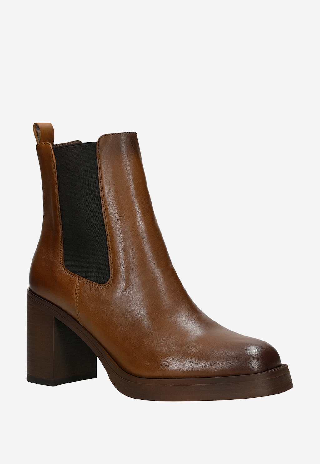 Eleganckie brązowe sztyblety damskie Wojas model 55260-52 ze skóry naturalnej, z czarnymi gumkami po bokach, na stabilnym obcasie i platformie.