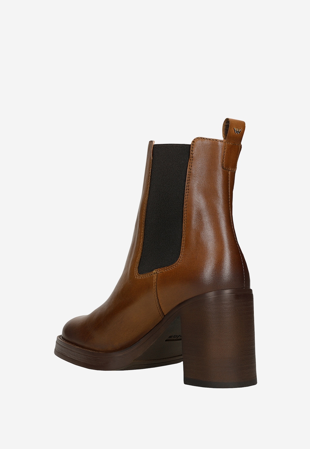 Brązowe skórzane sztyblety damskie Wojas model 55260-52 z czarną elastyczną wstawką, widoczne z tyłu, na stabilnym obcasie, z charakterystycznym logo W na pętli.
