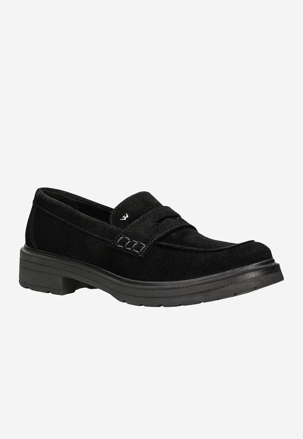 Czarne mokasyny damskie Wojas 46301-61 z dwoiny welurowej, z klasycznym paskiem na przodzie, na niskiej, stabilnej podeszwie, wygodne i eleganckie.