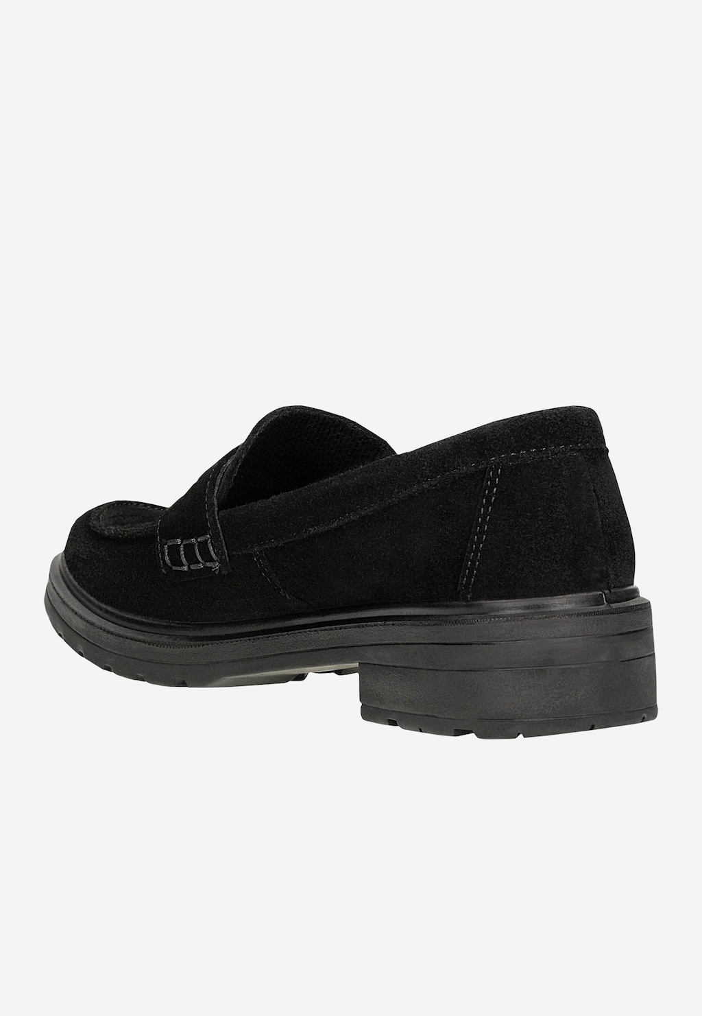Czarne mokasyny damskie Wojas 46301-61 z dwoiny welurowej, widok z boku. Eleganckie obuwie na płaskiej, wytrzymałej podeszwie o klasycznym kroju.