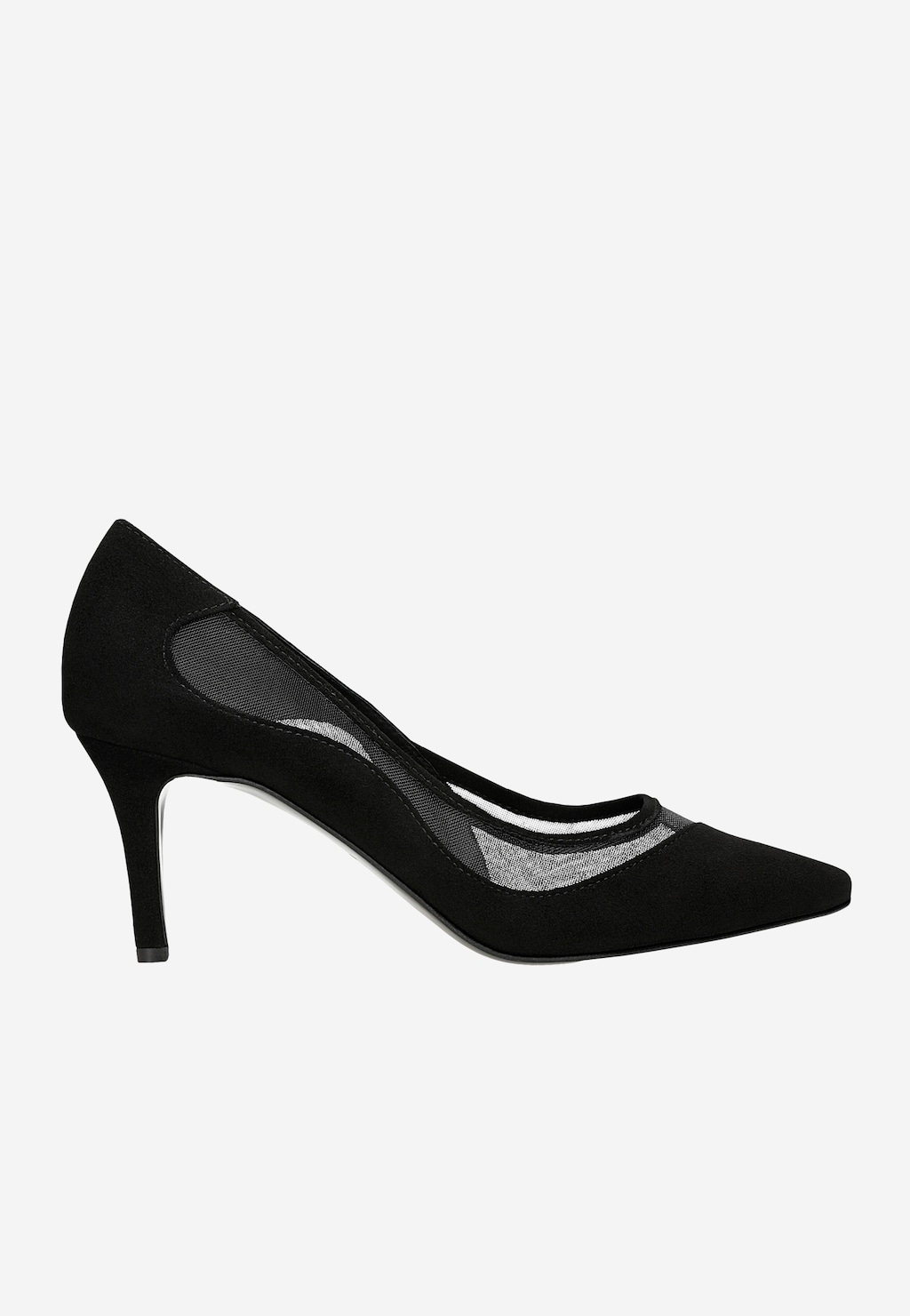 Czarne czółenka Wojas model 35156-81 z eleganckim noskiem w szpic, ozdobne wstawki z delikatnej siateczki po bokach, na smukłym obcasie, widok z boku.