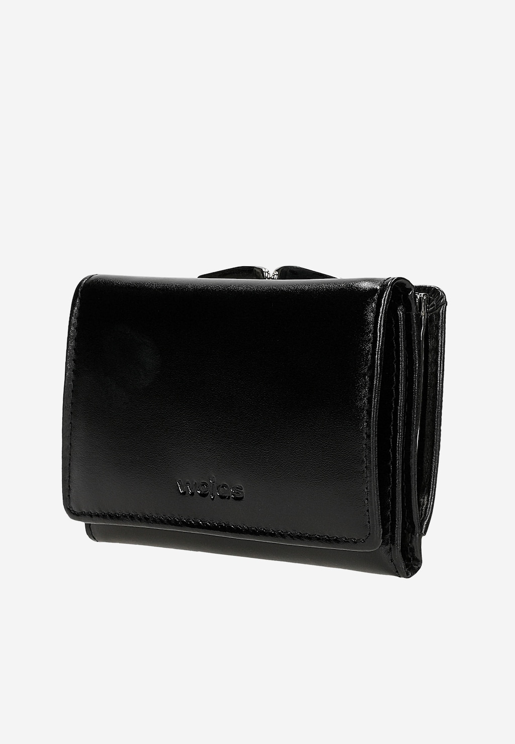 Czarny skórzany portfel damski Wojas model 6938-51 z zabezpieczeniem RFID, widok z przodu pokazujący elegancką, kompaktową konstrukcję z wytłoczonym logo marki.