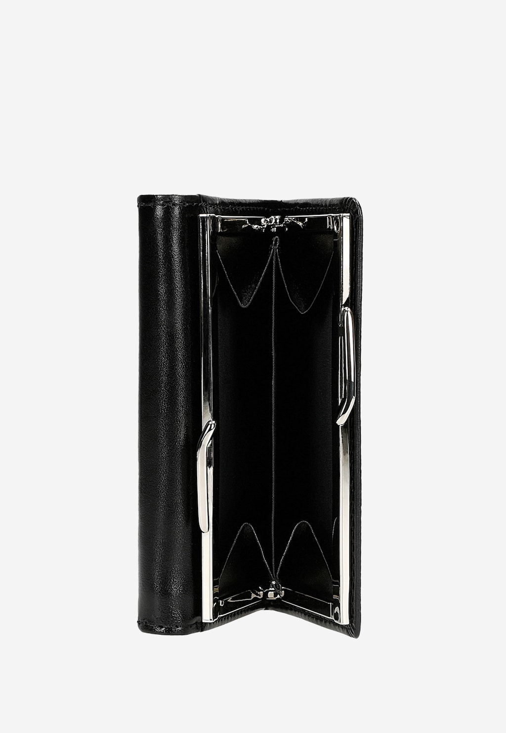 Czarny skórzany portfel damski Wojas model 6938-51 z RFID, otwarty ukazujący wnętrze z metalowym zapięciem i przegródkami do przechowywania kart i dokumentów.