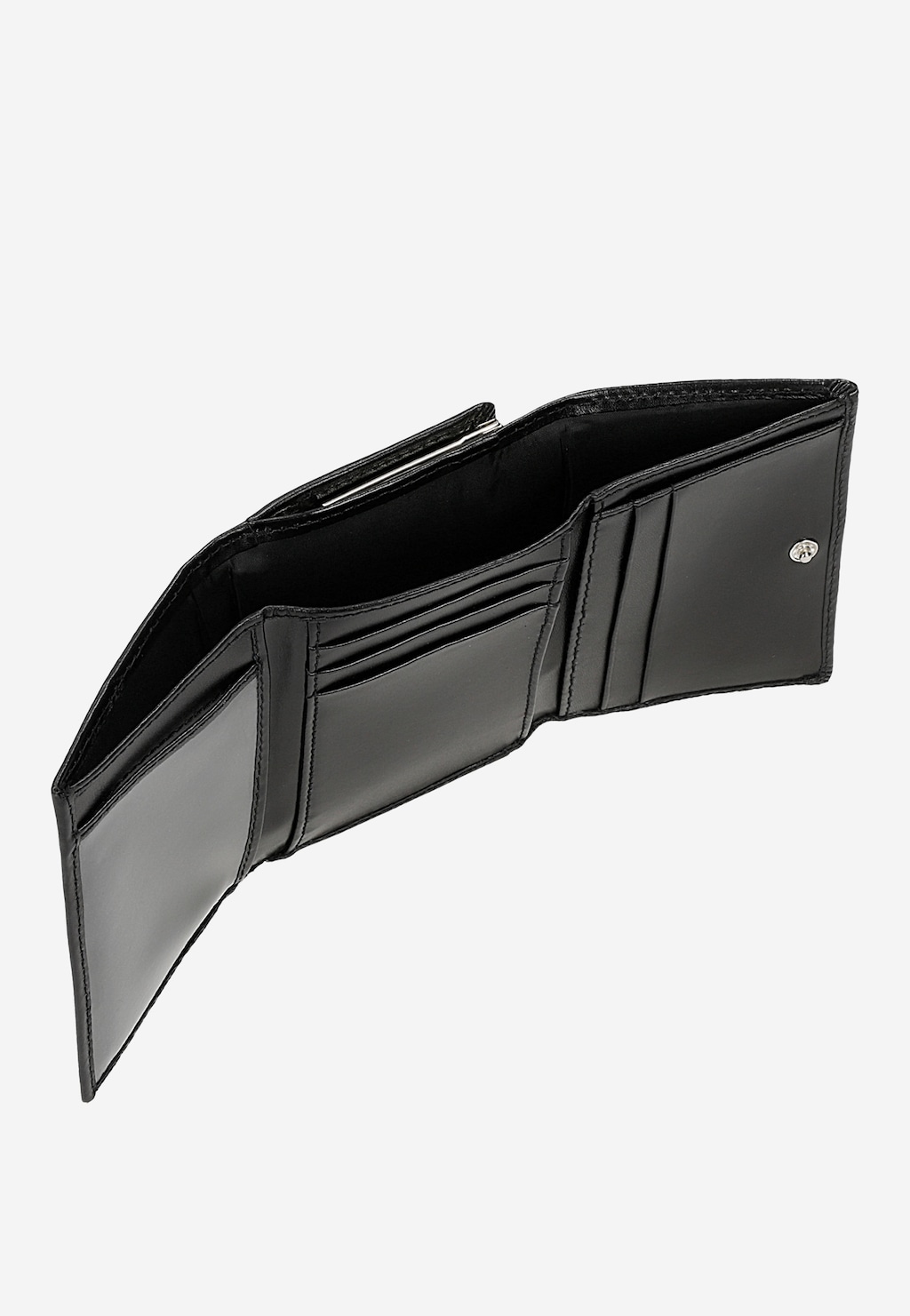 Czarny skórzany portfel damski Wojas 6938-51 z technologią RFID, otwarty, ukazujący wnętrze z przegródkami na karty i dokumenty, elegancki design.