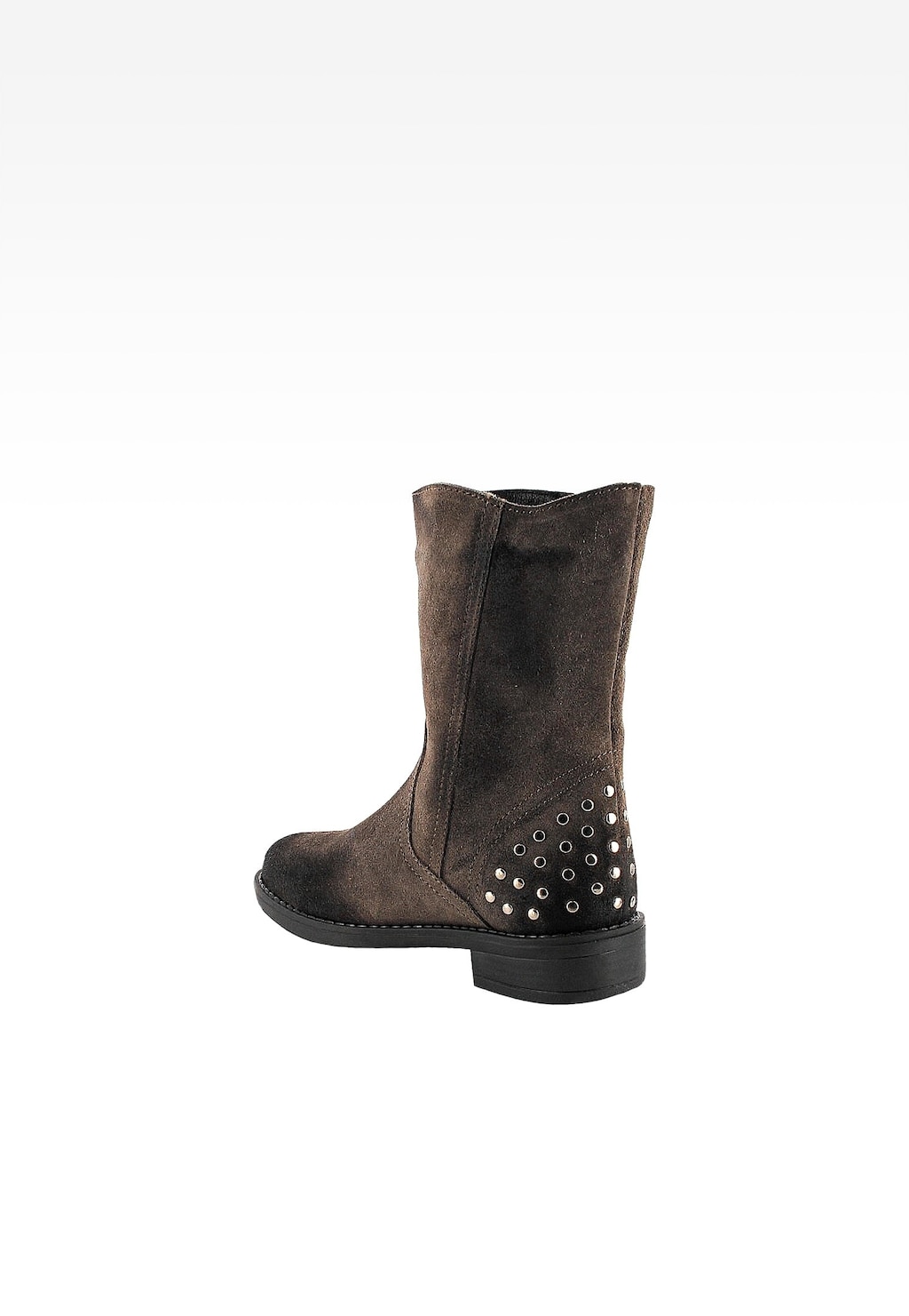 Brązowe ocieplane botki dla dziewcząt BARTEK T-54163/W37 z ozdobnymi ćwiekami na pięcie, wykonane z zamszowej skóry, widok z tyłu pokazujący charakterystyczny design obuwia.